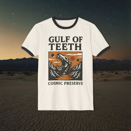 Gulf of Teeth Ringer T-Shirt — Vintage Cosmic Travel Graphic Tee